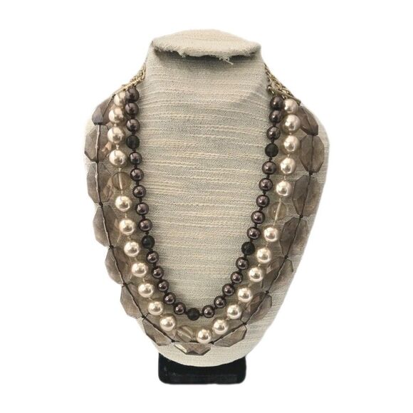 Stella & Dot Triple Strands Faux Glass  Pearl & Acrylic Brown Beads Necklace - Picture 4 of 9
